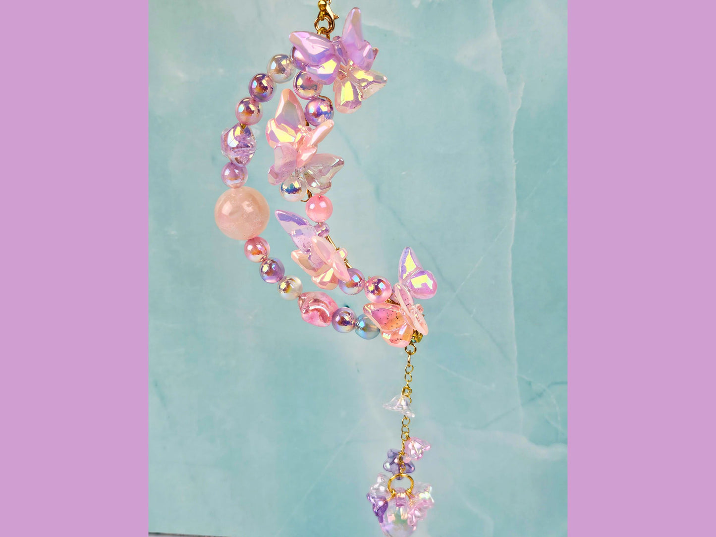 Butterfly Moon Car Charm, Beaded Rearview Mirror Hanger, Crystal Aesthetic Car Ornament, , Fairycore Car Accessory, Iridescent Moon Decor