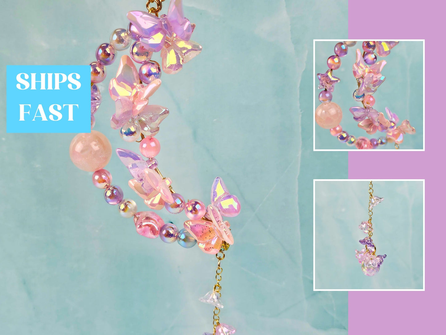 Butterfly Moon Car Charm, Beaded Rearview Mirror Hanger, Crystal Aesthetic Car Ornament, , Fairycore Car Accessory, Iridescent Moon Decor