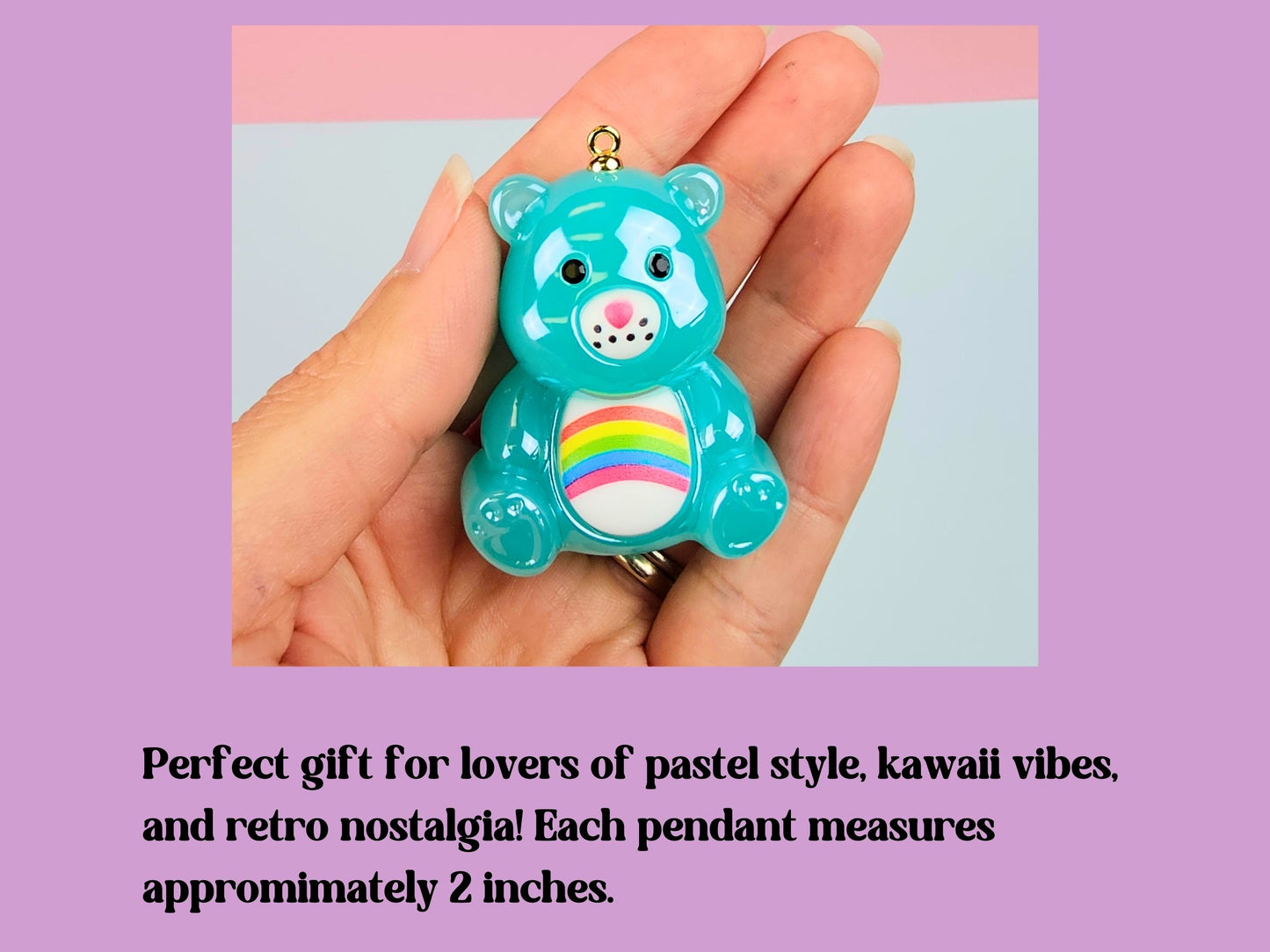 Glossy Pastel Rainbow 80s Cartoon Bear Pendant – Shiny Resin Kawaii Bear Pendant – 90s Nostalgia Novelty DIY Keychain Retro 80s Kid Beads
