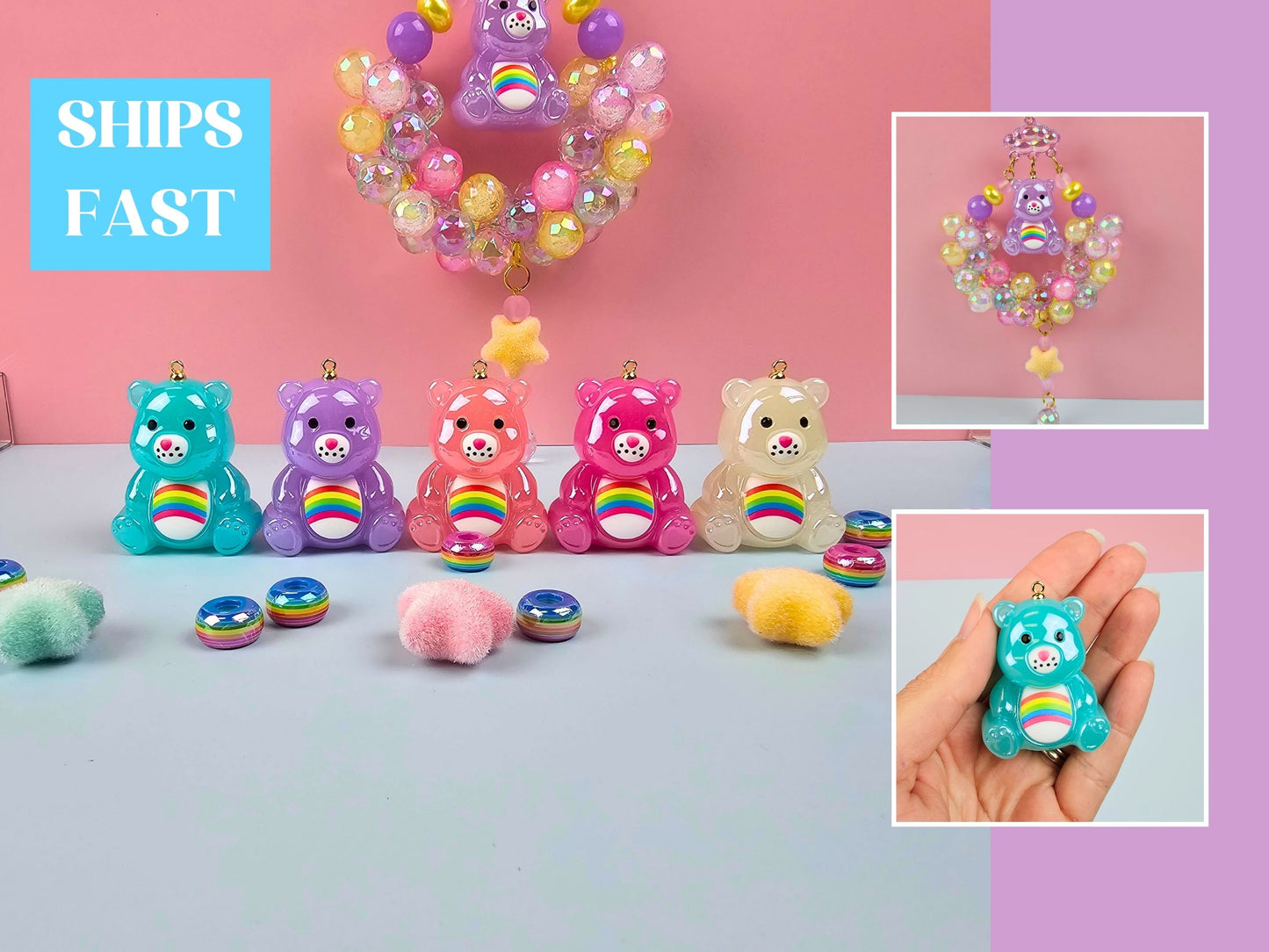 Glossy Pastel Rainbow 80s Cartoon Bear Pendant – Shiny Resin Kawaii Bear Pendant – 90s Nostalgia Novelty DIY Keychain Retro 80s Kid Beads