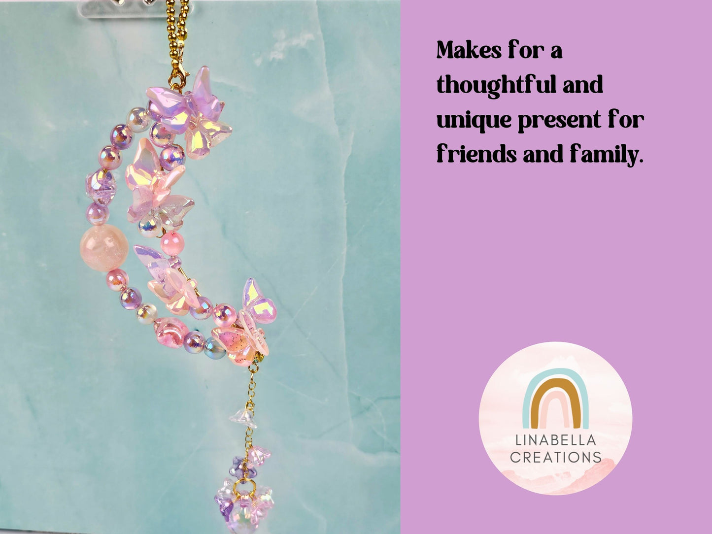Butterfly Moon Car Charm, Beaded Rearview Mirror Hanger, Crystal Aesthetic Car Ornament, , Fairycore Car Accessory, Iridescent Moon Decor