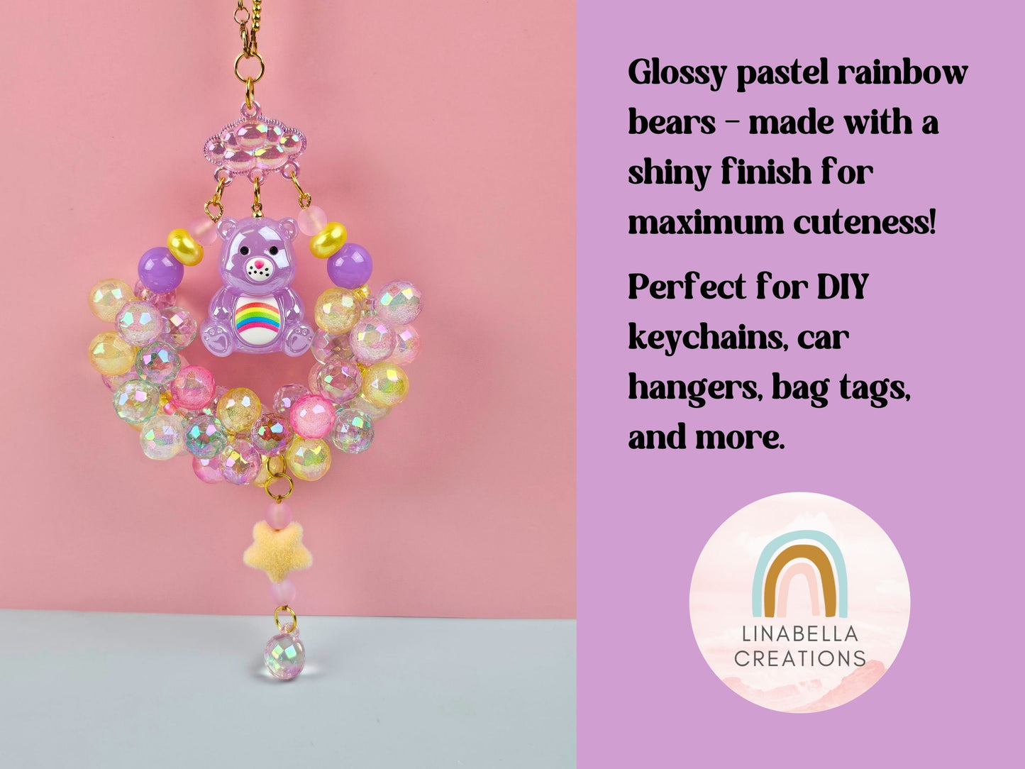 Glossy Pastel Rainbow 80s Cartoon Bear Pendant – Shiny Resin Kawaii Bear Pendant – 90s Nostalgia Novelty DIY Keychain Retro 80s Kid Beads