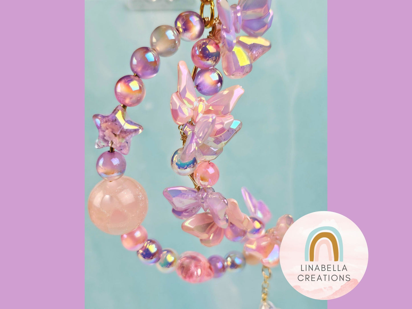 Butterfly Moon Car Charm, Beaded Rearview Mirror Hanger, Crystal Aesthetic Car Ornament, , Fairycore Car Accessory, Iridescent Moon Decor