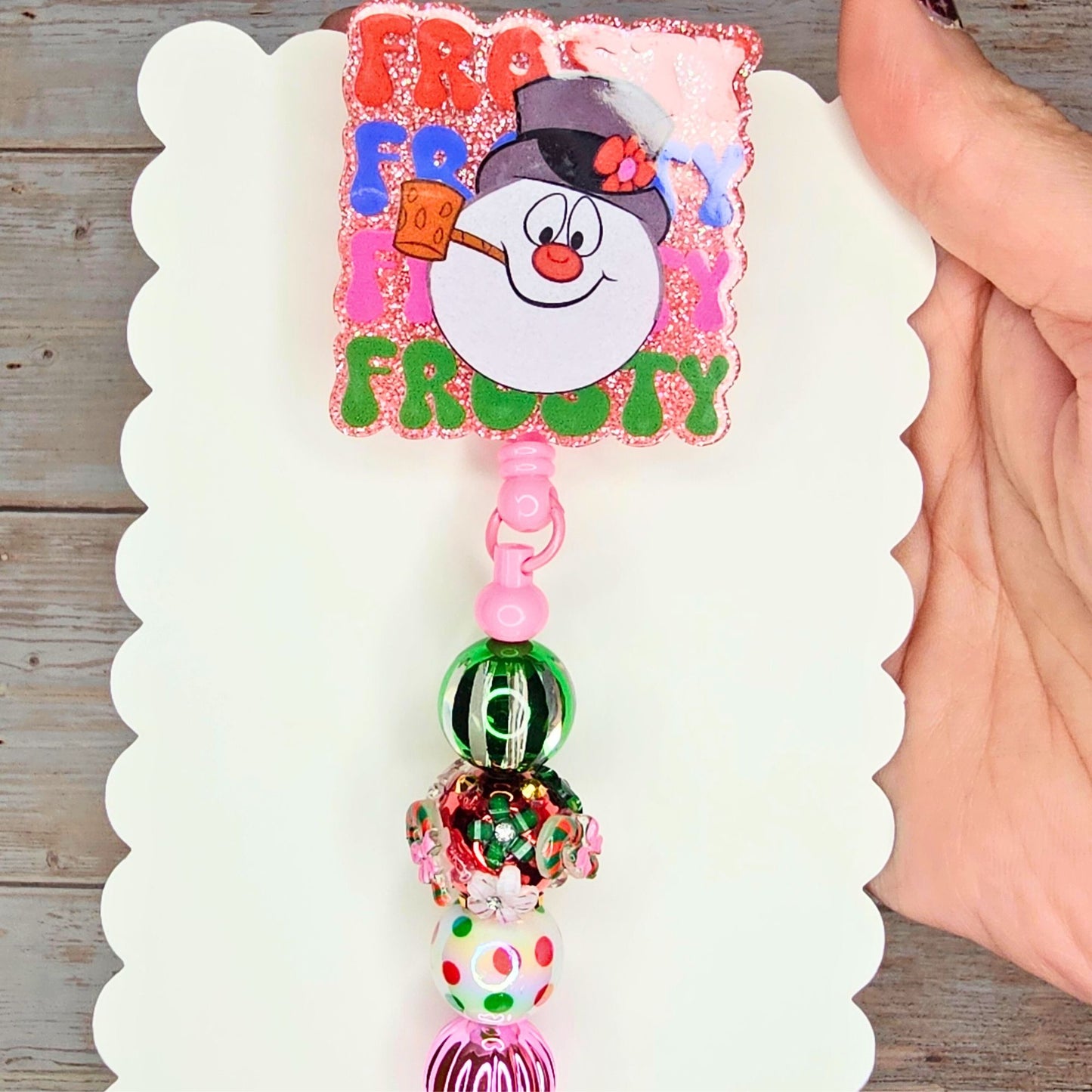 Christmas Snowman Badge Reel • Holiday Nurse ID Holder • Frosty Pink Badge Reel • Beaded Retractable Clip • Cute Christmas Badge Reel