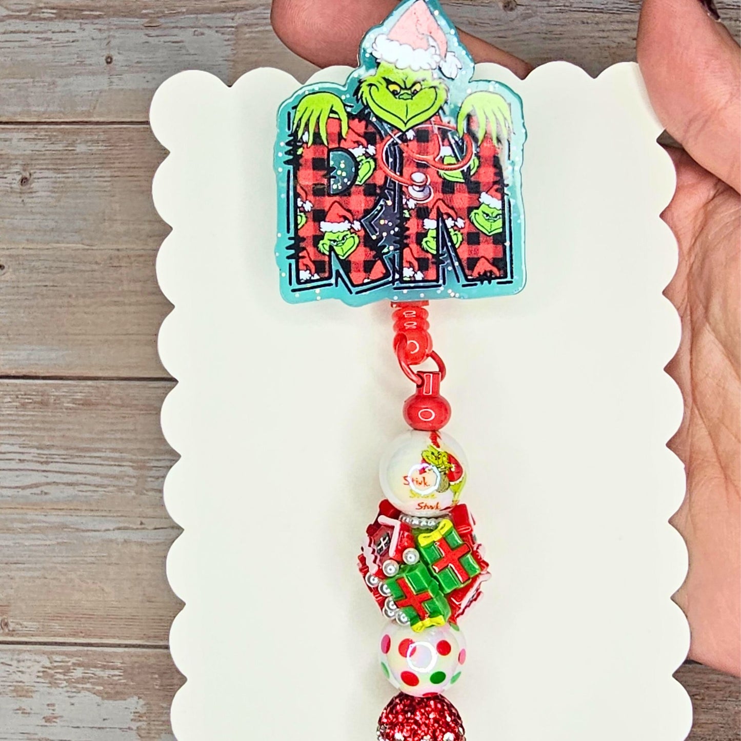 Green Christmas RN Badge Reel • Holiday Nurse Badge Holder • Grinch-Inspired ID Reel • Beaded Retractable Clip • Christmas Nurse Gift
