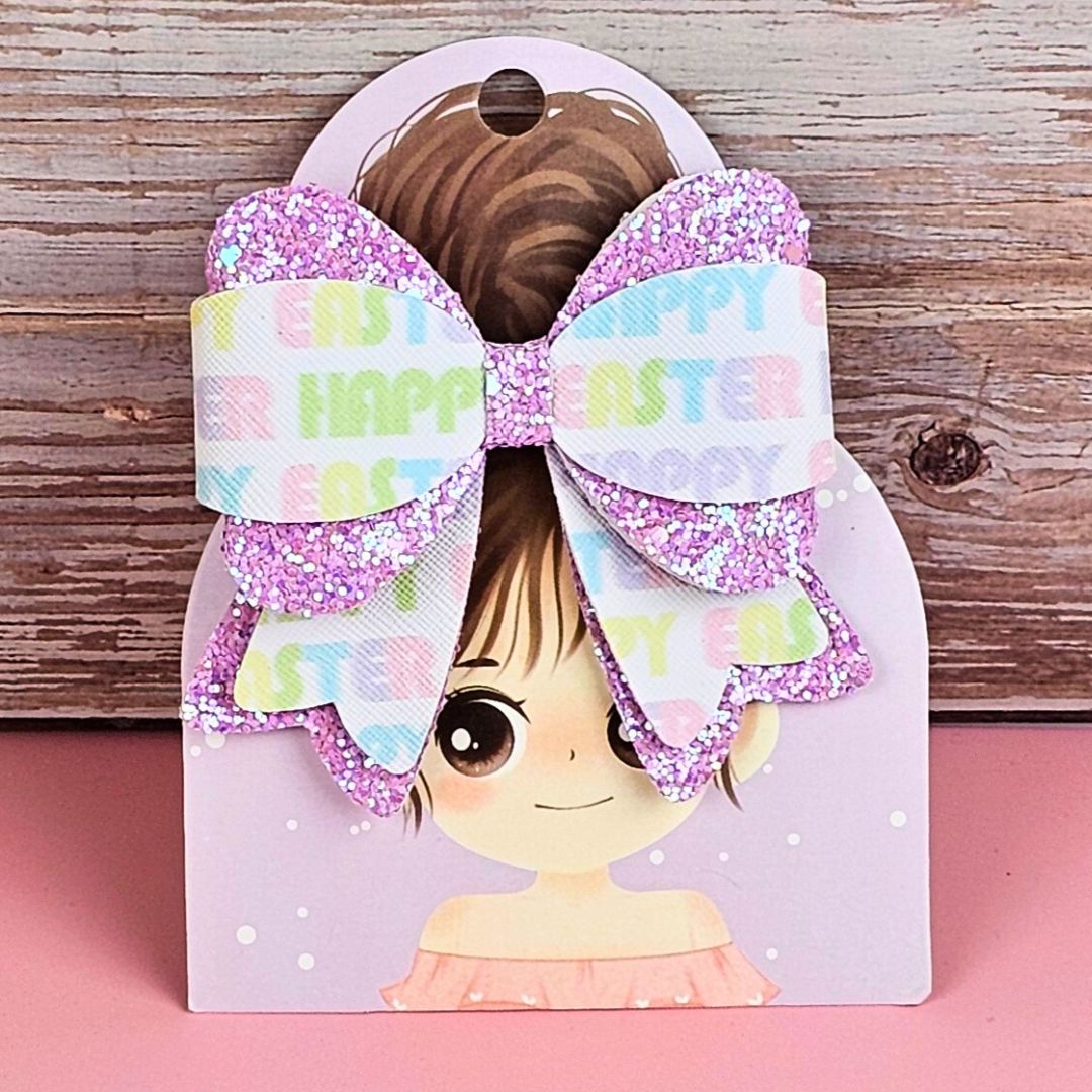 Happy Easter Pastel Purple Glitter Faux Leather 4 in Gloria Bow