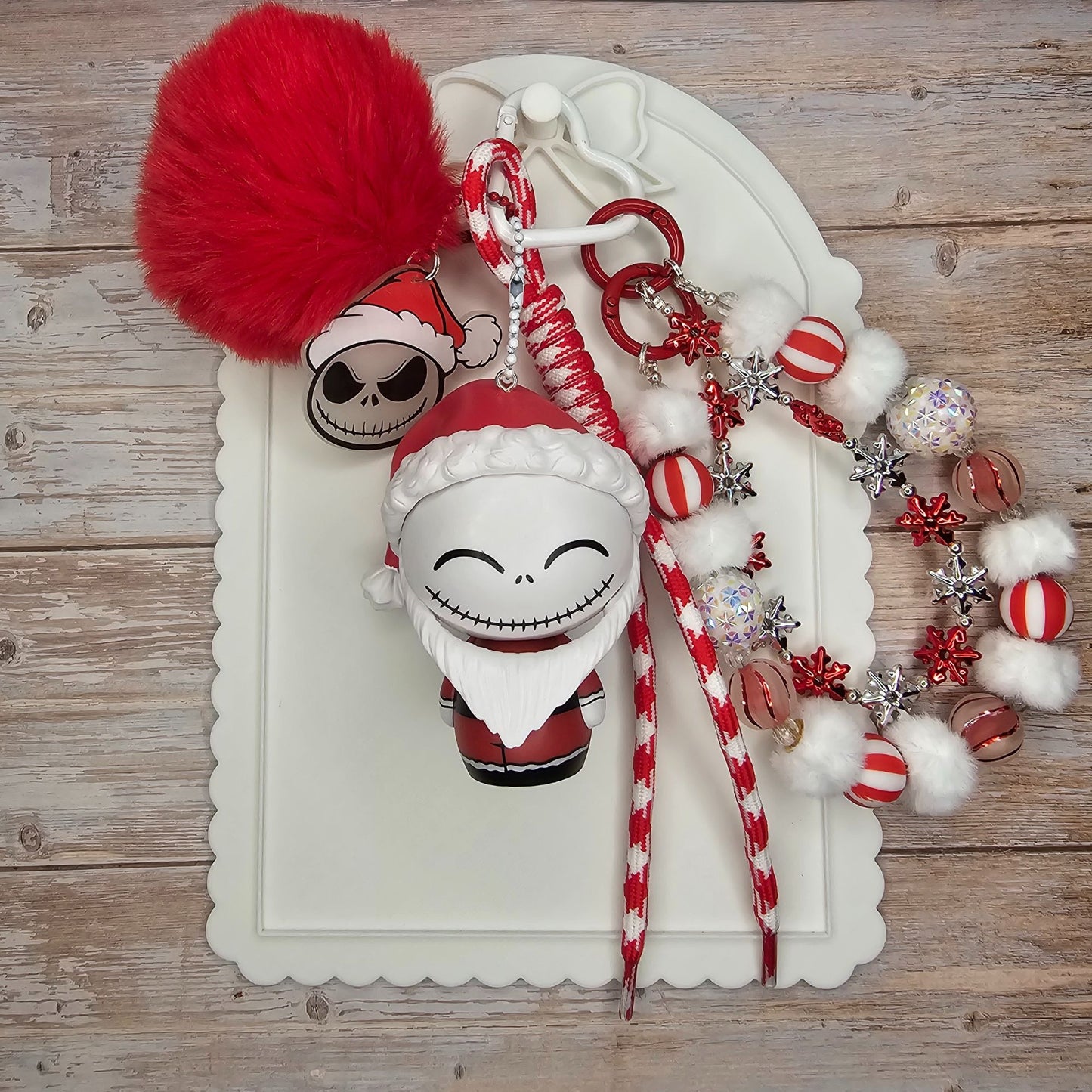 Santa Jack Skellington Red and White Bag Charm | Handmade Purse Charm & Keychain Accessory