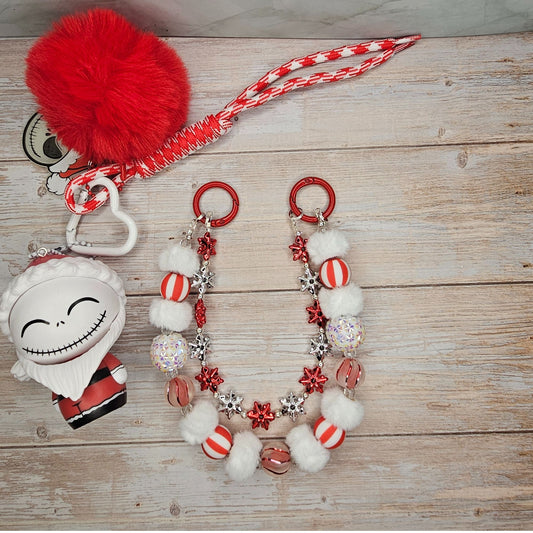 Santa Jack Skellington Red and White Bag Charm | Handmade Purse Charm & Keychain Accessory