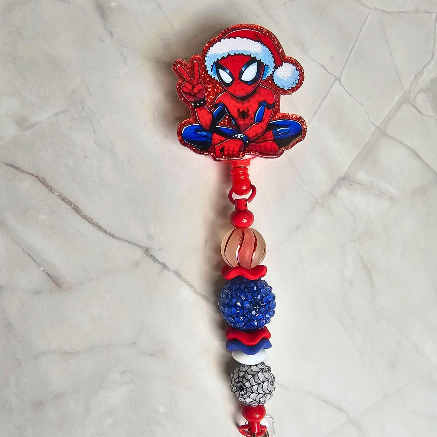 Spider Superhero Character Christmas Badge Reel • Holiday Badge Holder • Christmas ID Reel • Beaded Retractable Clip • Nurse Gift Teacher Gift