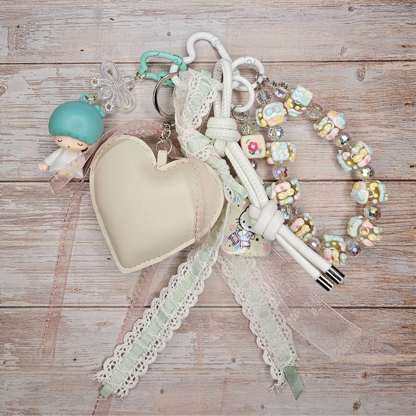 Teal and Cream Twin Star Sanrio Inspired Bag Charm | Handmade Purse Charm & Keychain Accessory | Phone Chain | Junk Journal Charm