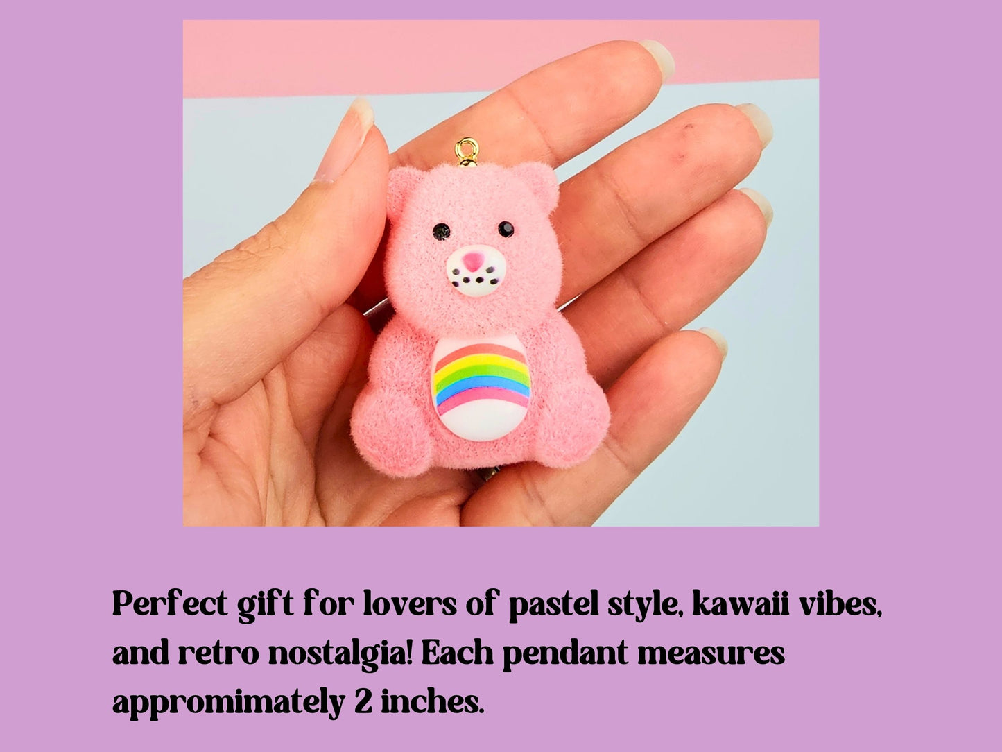 Fuzzy Pastel Rainbow 80s Cartoon Bear Pendant – Fuzzy Resin Kawaii Bear Pendant – 90s Nostalgia Novelty DIY Keychain Retro 80s Kid Beads