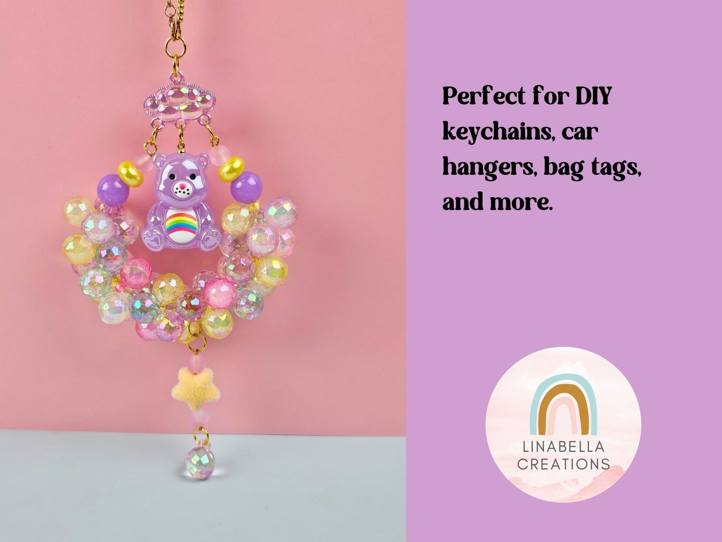 Fuzzy Pastel Rainbow 80s Cartoon Bear Pendant – Fuzzy Resin Kawaii Bear Pendant – 90s Nostalgia Novelty DIY Keychain Retro 80s Kid Beads