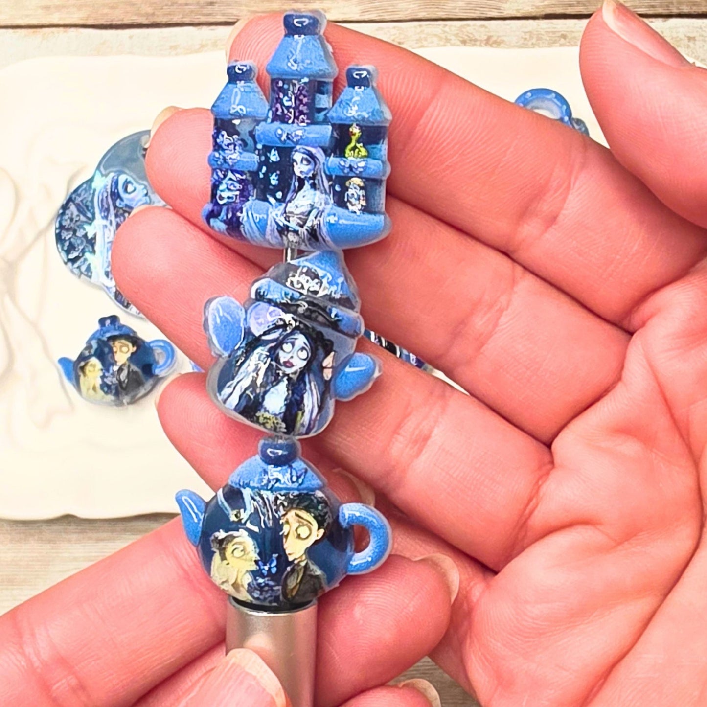 Dead Bride Beads Set of 10 – Gothic Halloween Focal Beads, Blue Bride & Groom Mixed Beads, Spooky Craft Beads for Pens & Jewelry