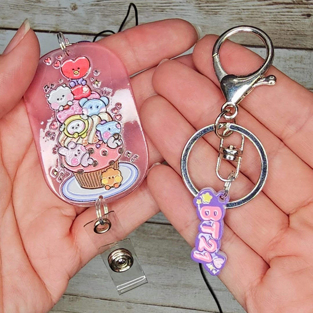 BT21 Inspired Beaded Lanyard, Kawaii Badge Holder, K-Pop ID Badge Lanyard, Cute Handmade Fandom Keychain, Pastel Anime Office Accessory, ARMY Gift
