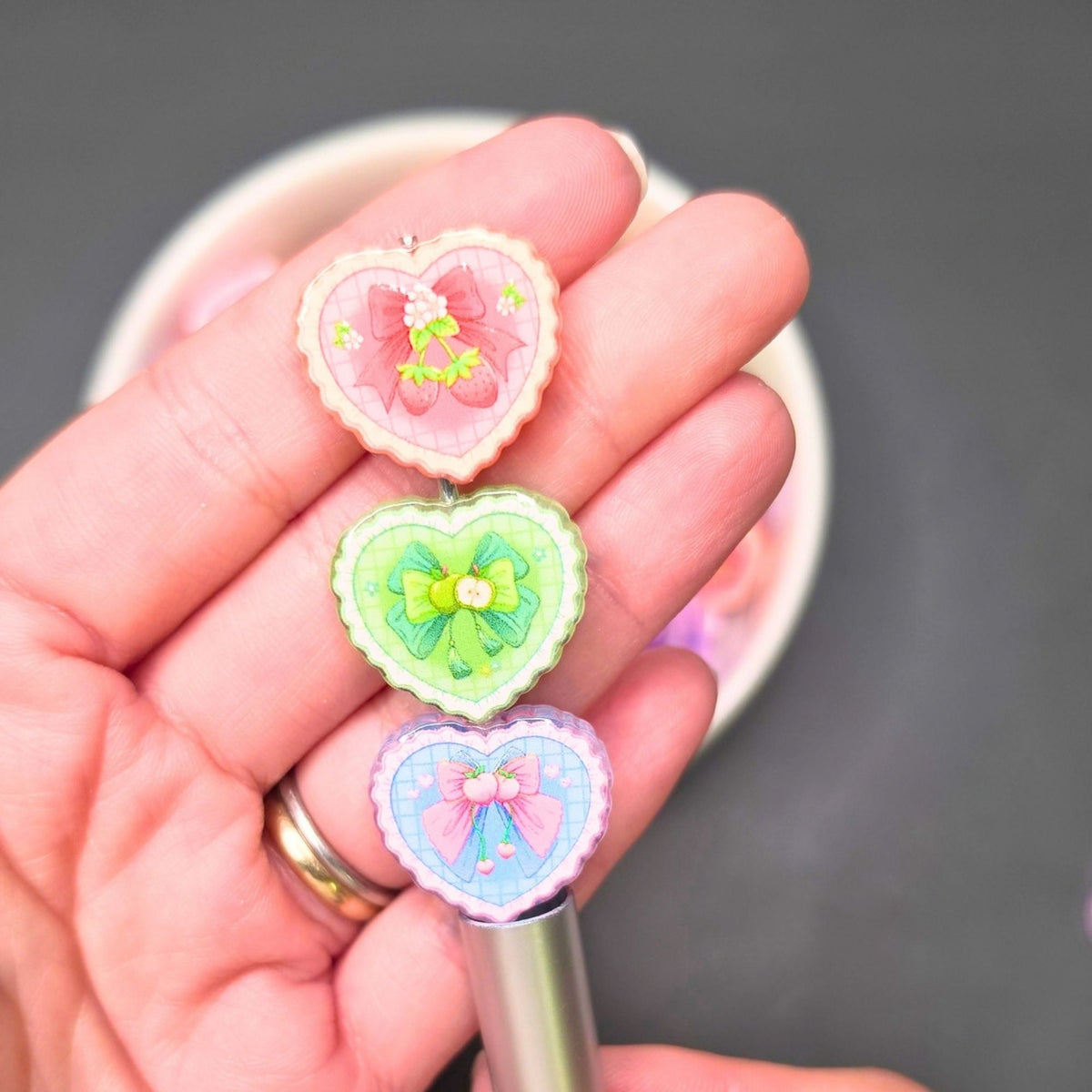 Pastel Heart Acrylic Focal Beads Set of 6 | Coquette Bow & Fruit Beads | Kawaii Heart Beads | Cute Beads for Pens, Keychains & Crafts