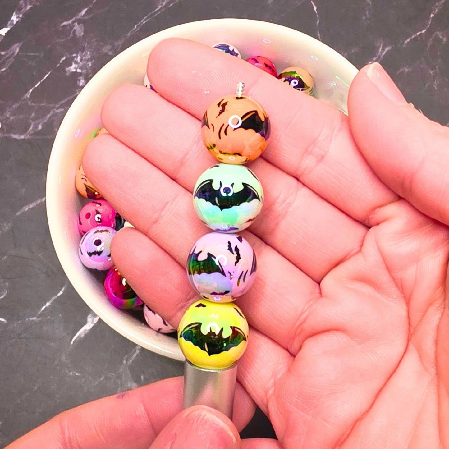 Colorful Halloween Bat Beads β 16mm Round Spooky Acrylic Beads β Mixed Bat Beads for Pens, Keychains & Halloween Crafts β Set of 10