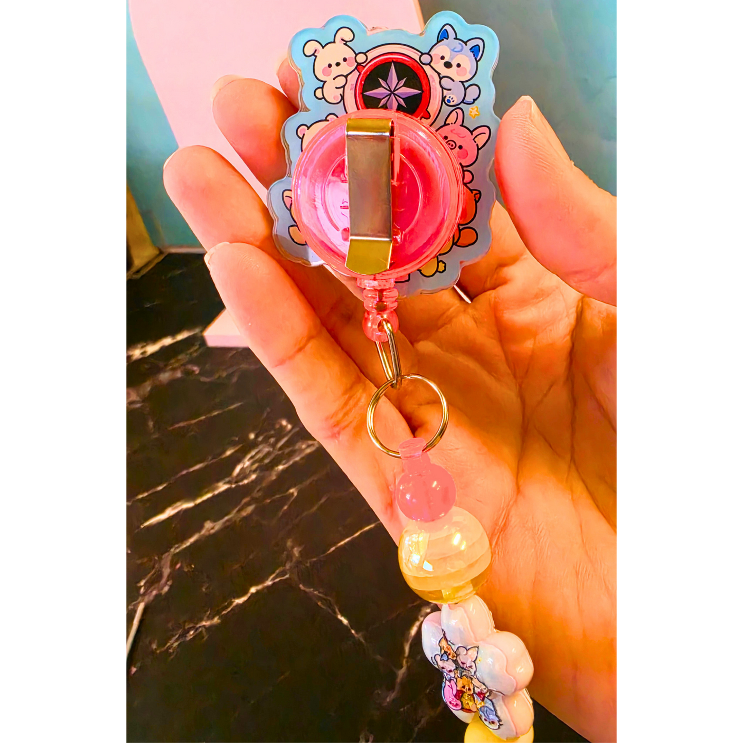 Blue SKZOO Beaded Badge Reel with Shaker Acrylic Flatback | Stray Kids Inspired Kpop Badge Holder | Cute Kawaii Retractable ID Reel