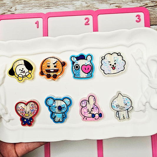 Set of 8 BT21 Inspired Shaker Acrylic Focal Beads | Glitter Character Focal Charms | Kawaii DIY Beaded Pen, Badge Reel, Keychain & Phone Charm Supplies