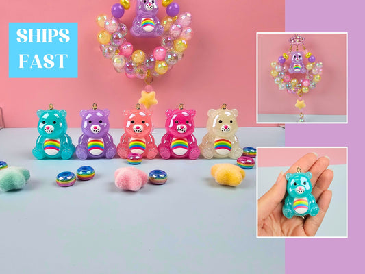 Glossy Pastel Rainbow 80s Cartoon Bear Pendant – Shiny Resin Kawaii Bear Pendant – 90s Nostalgia Novelty DIY Keychain Retro 80s Kid Beads