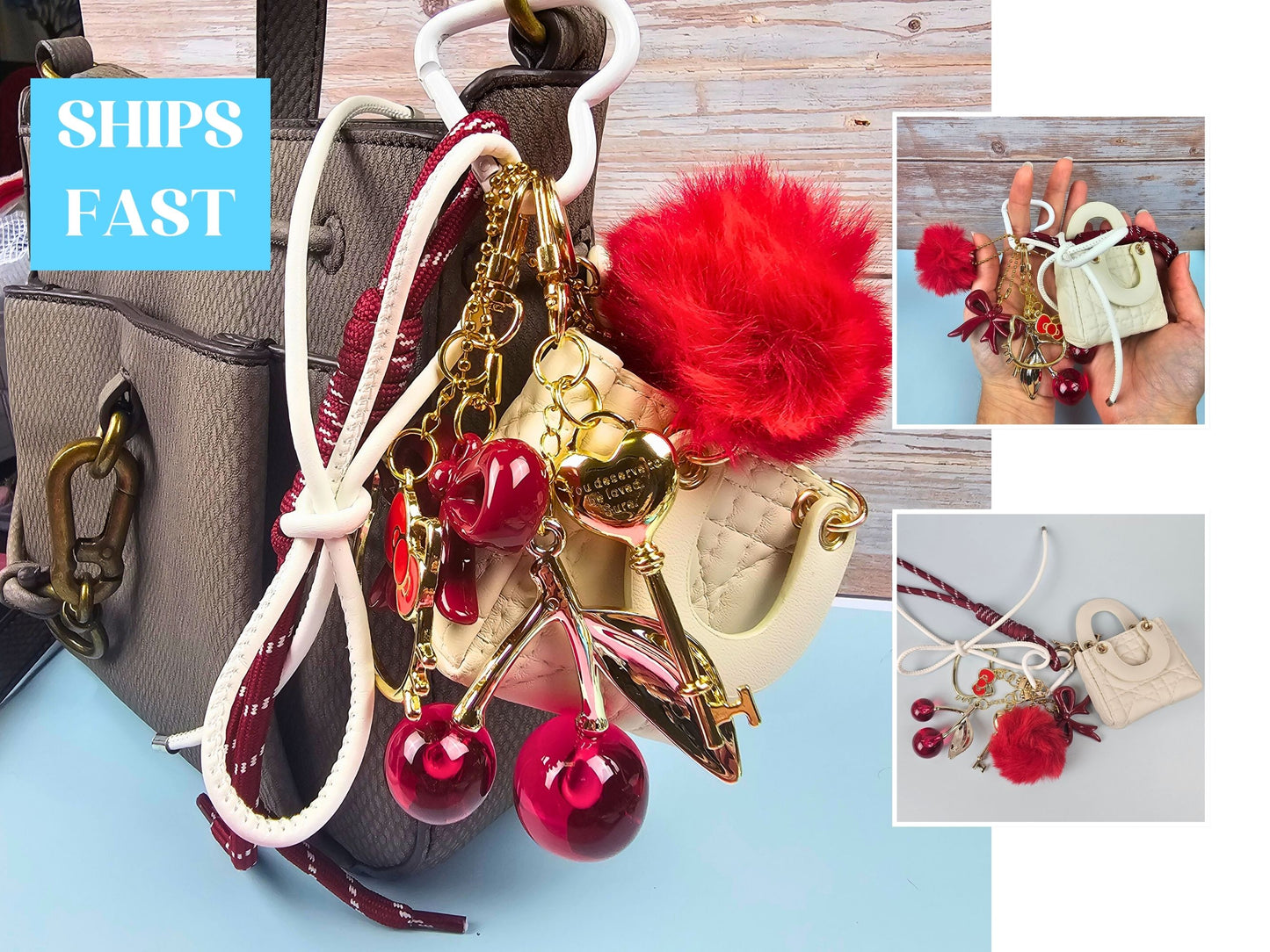 Cream and Red Mini Purse Bag Charm