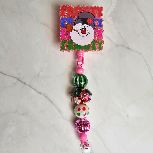 Christmas Snowman Badge Reel • Holiday Nurse ID Holder • Frosty Pink Badge Reel • Beaded Retractable Clip • Cute Christmas Badge Reel
