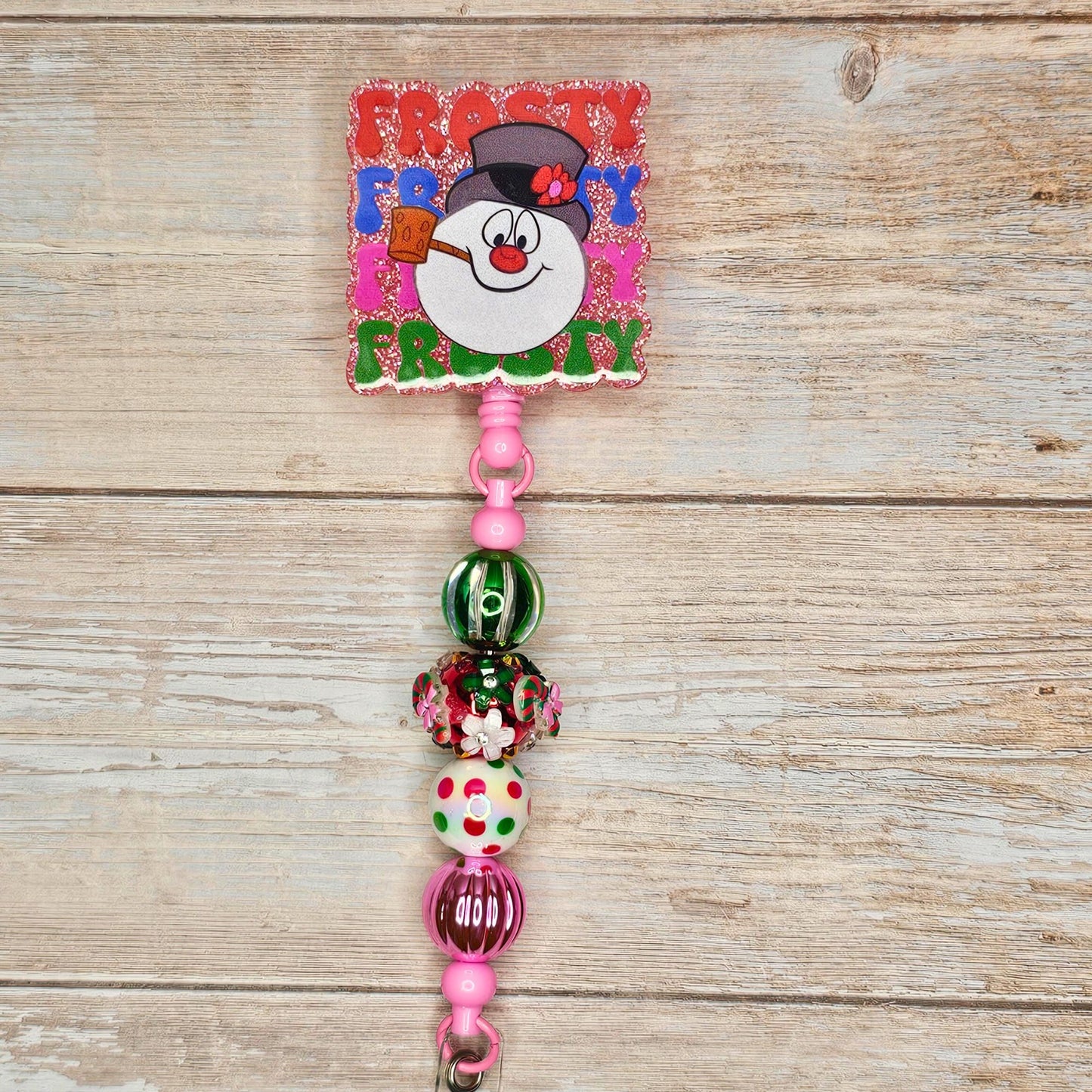 Christmas Snowman Badge Reel • Holiday Nurse ID Holder • Frosty Pink Badge Reel • Beaded Retractable Clip • Cute Christmas Badge Reel