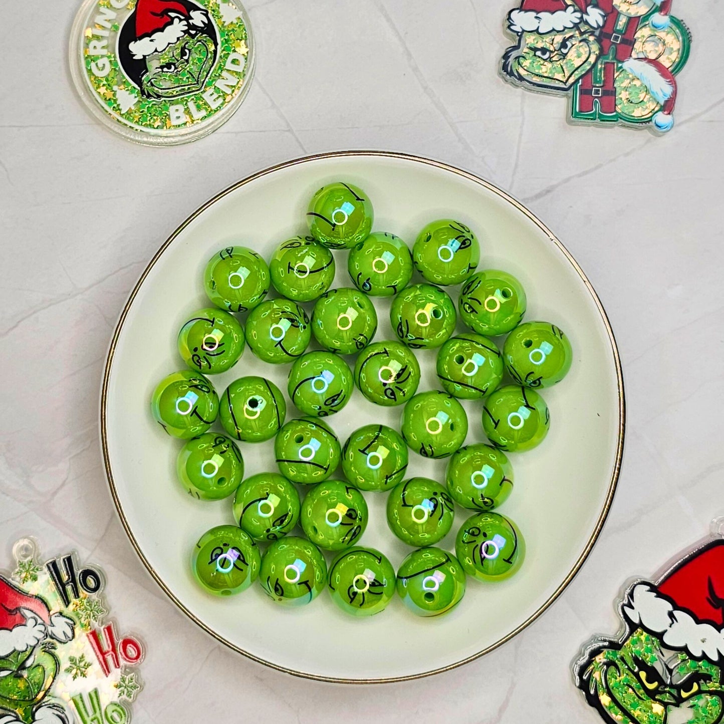 Grinch-inspired Christmas Beads 16mm | Green Holiday Acrylic Beads | Beaded Pens Keychains Jewelry | Set of 10