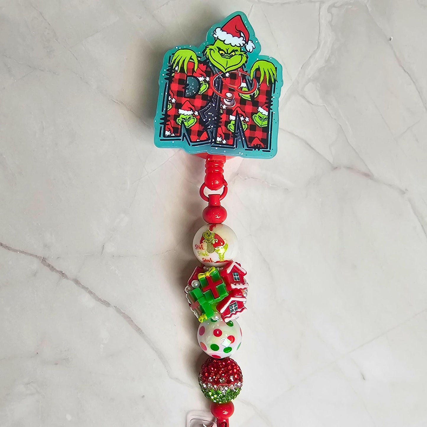 Green Christmas RN Badge Reel • Holiday Nurse Badge Holder • Grinch-Inspired ID Reel • Beaded Retractable Clip • Christmas Nurse Gift