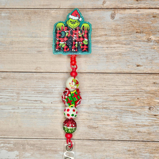 Green Christmas RN Badge Reel • Holiday Nurse Badge Holder • Grinch-Inspired ID Reel • Beaded Retractable Clip • Christmas Nurse Gift