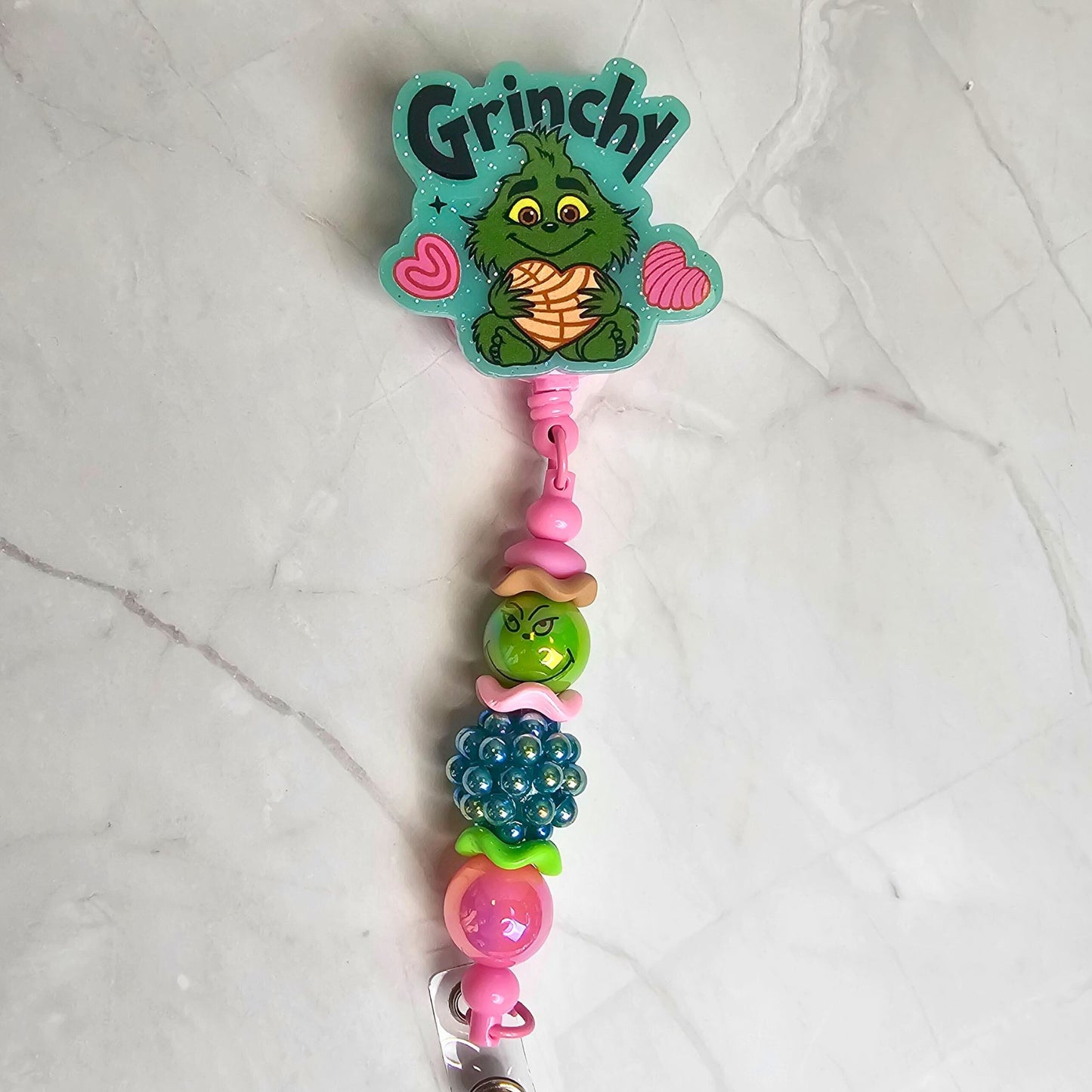 Grinchy Concha Christmas Badge Reel • Holiday Badge Holder • Grinch-Inspired ID Reel • Beaded Retractable Clip • Christmas Gift