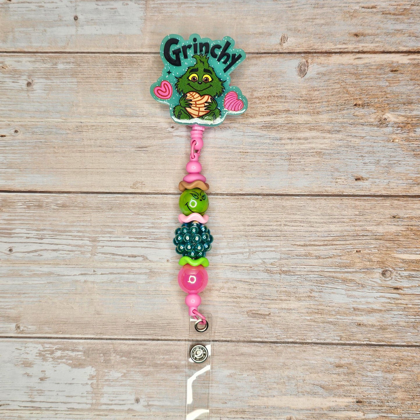 Grinchy Concha Christmas Badge Reel • Holiday Badge Holder • Grinch-Inspired ID Reel • Beaded Retractable Clip • Christmas Gift