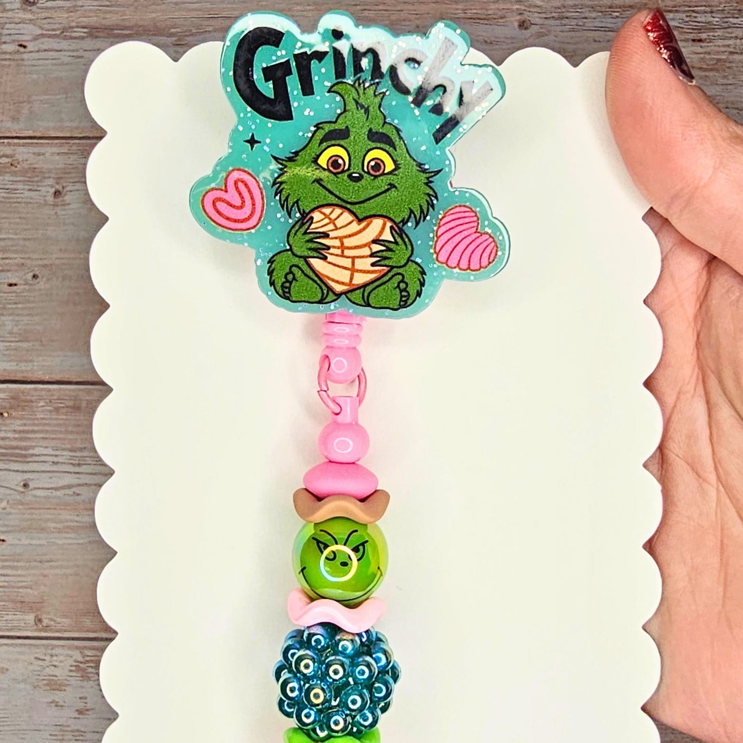 Grinchy Concha Christmas Badge Reel • Holiday Badge Holder • Grinch-Inspired ID Reel • Beaded Retractable Clip • Christmas Gift