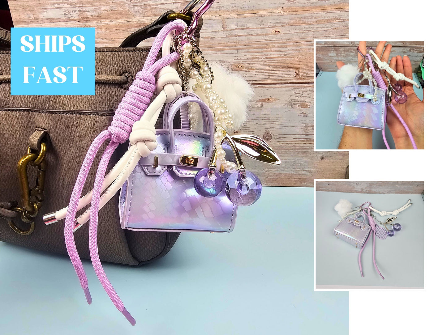 Purple and White Mini Purse Bag Charm