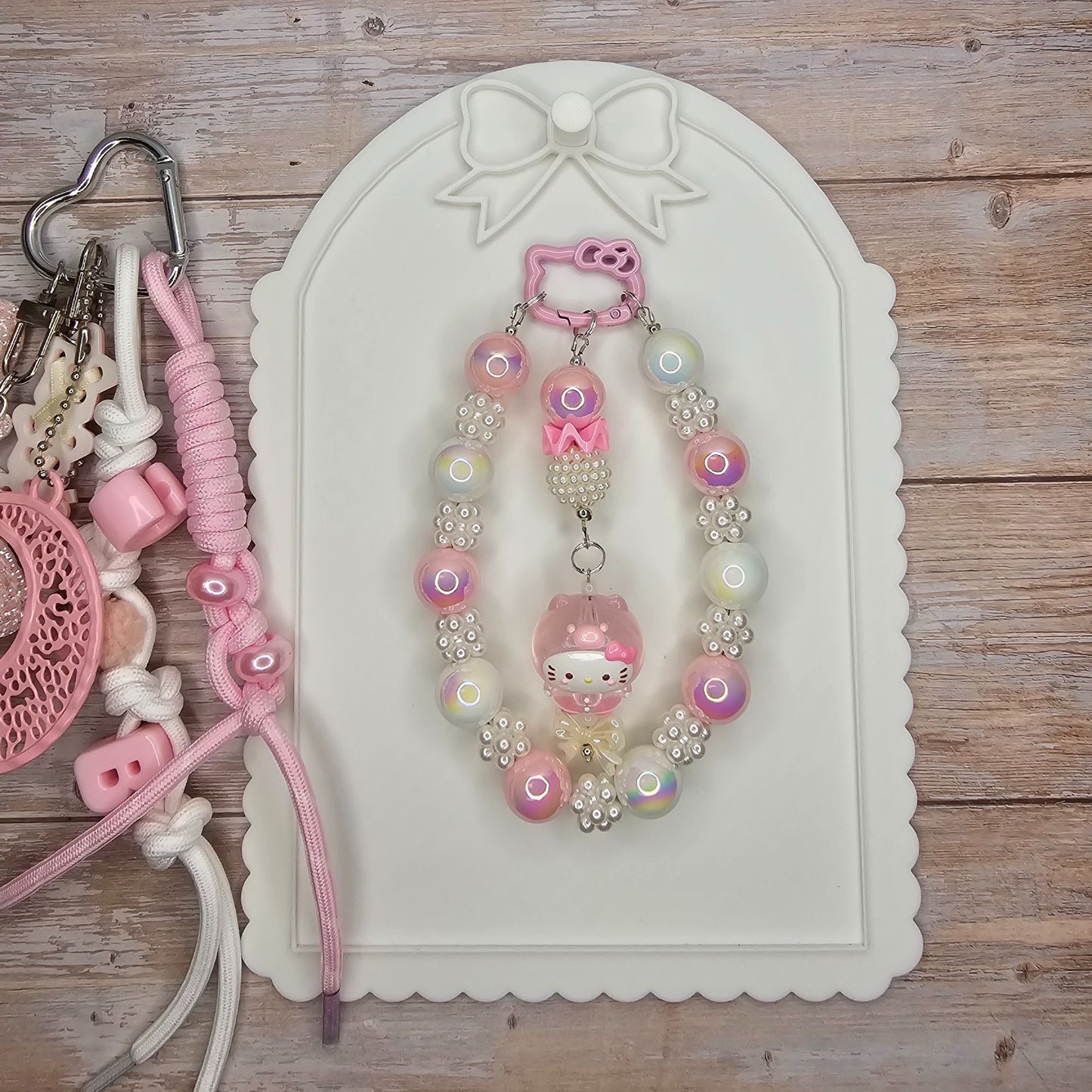 Pink and Pearl Hello Kitty Bag Charm | Handmade Purse Charm & Keychain Accessory | Phone Chain | Junk Journal Charm