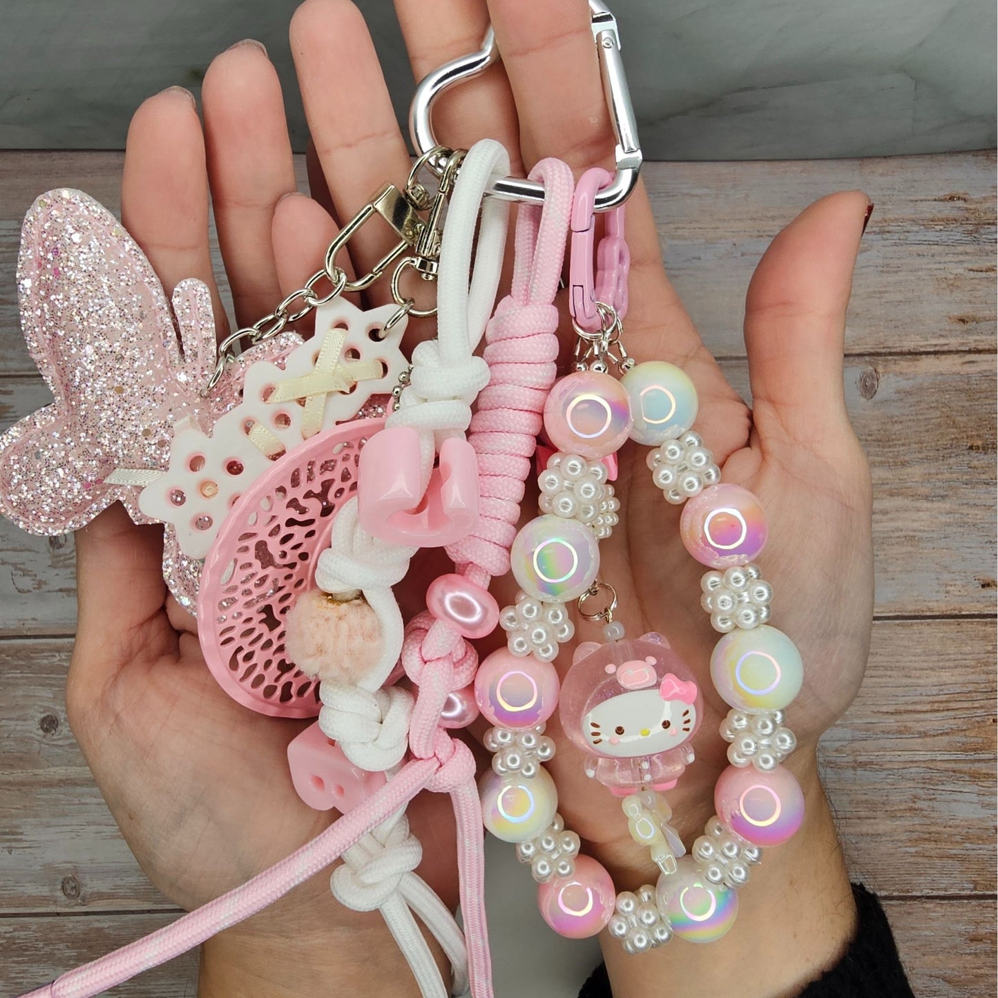 Pink and Pearl Hello Kitty Bag Charm | Handmade Purse Charm & Keychain Accessory | Phone Chain | Junk Journal Charm