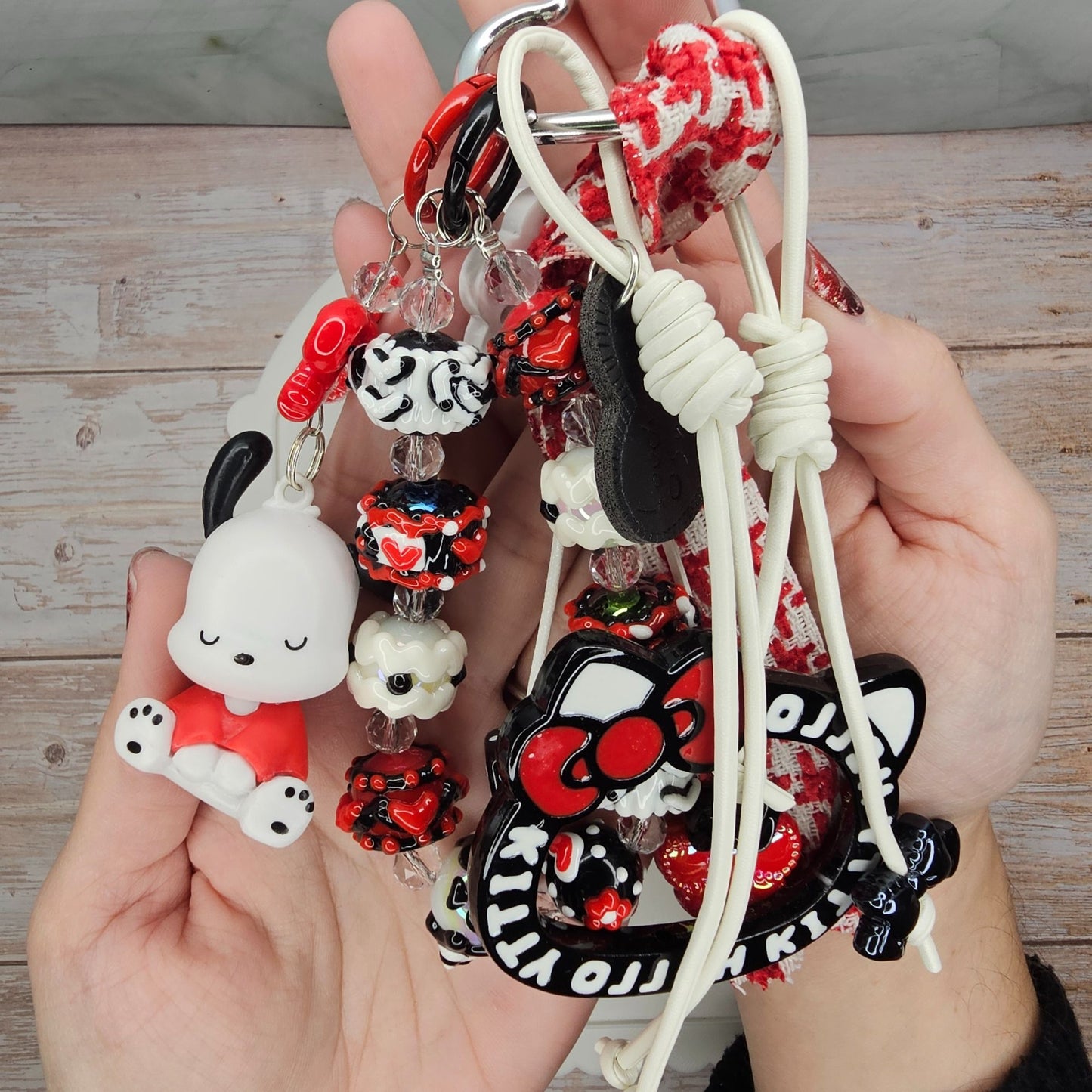 Red and White Pochacco Bag Charm | Handmade Purse Charm & Keychain Accessory
