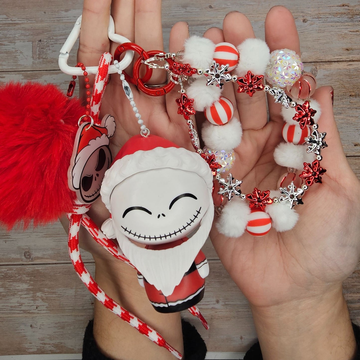 Santa Jack Skellington Red and White Bag Charm | Handmade Purse Charm & Keychain Accessory