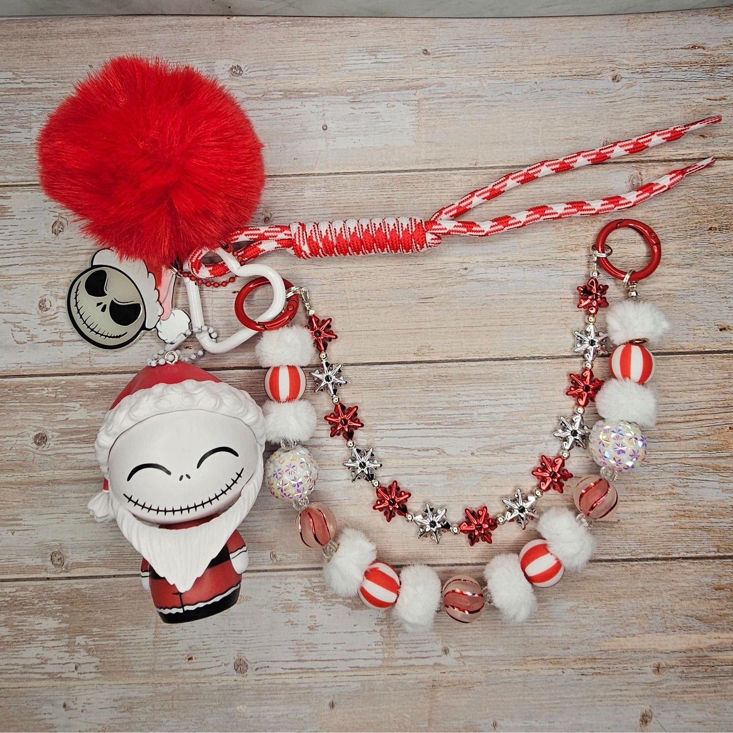 Santa Jack Skellington Red and White Bag Charm | Handmade Purse Charm & Keychain Accessory