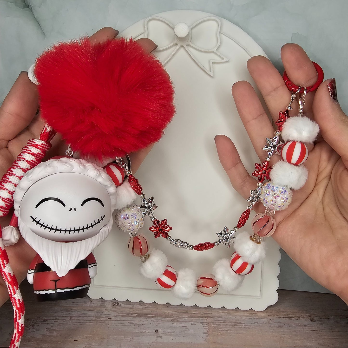 Santa Jack Skellington Red and White Bag Charm | Handmade Purse Charm & Keychain Accessory