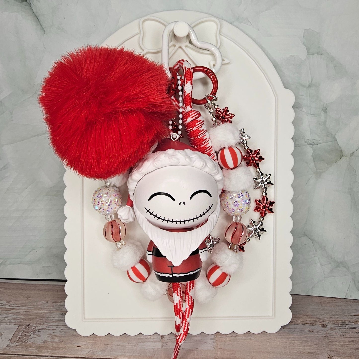Santa Jack Skellington Red and White Bag Charm | Handmade Purse Charm & Keychain Accessory