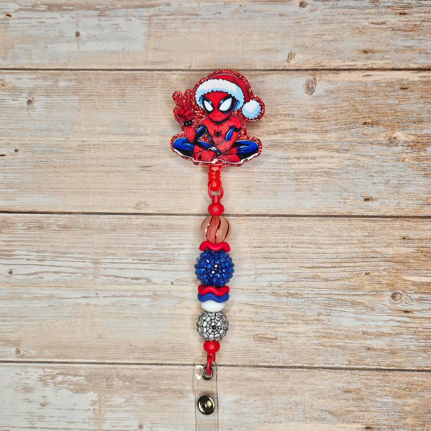 Spider Superhero Character Christmas Badge Reel • Holiday Badge Holder • Christmas ID Reel • Beaded Retractable Clip • Nurse Gift Teacher Gift