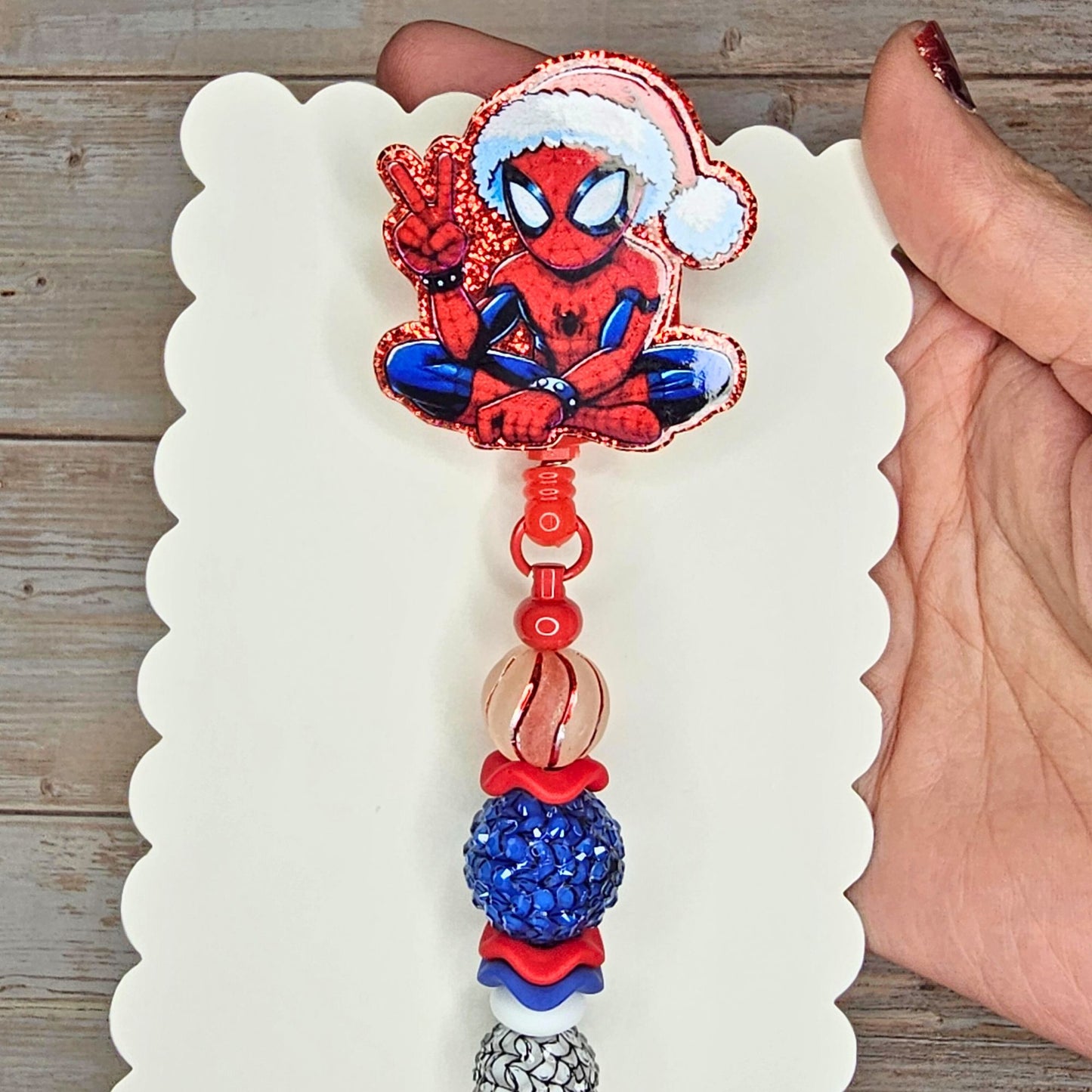Spider Superhero Character Christmas Badge Reel • Holiday Badge Holder • Christmas ID Reel • Beaded Retractable Clip • Nurse Gift Teacher Gift