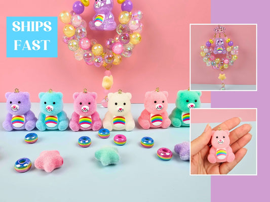 Fuzzy Pastel Rainbow 80s Cartoon Bear Pendant – Fuzzy Resin Kawaii Bear Pendant – 90s Nostalgia Novelty DIY Keychain Retro 80s Kid Beads