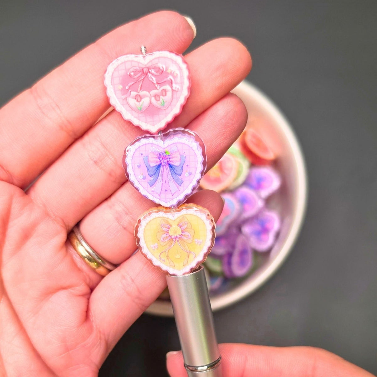 Pastel Heart Acrylic Focal Beads Set of 6 | Coquette Bow & Fruit Beads | Kawaii Heart Beads | Cute Beads for Pens, Keychains & Crafts