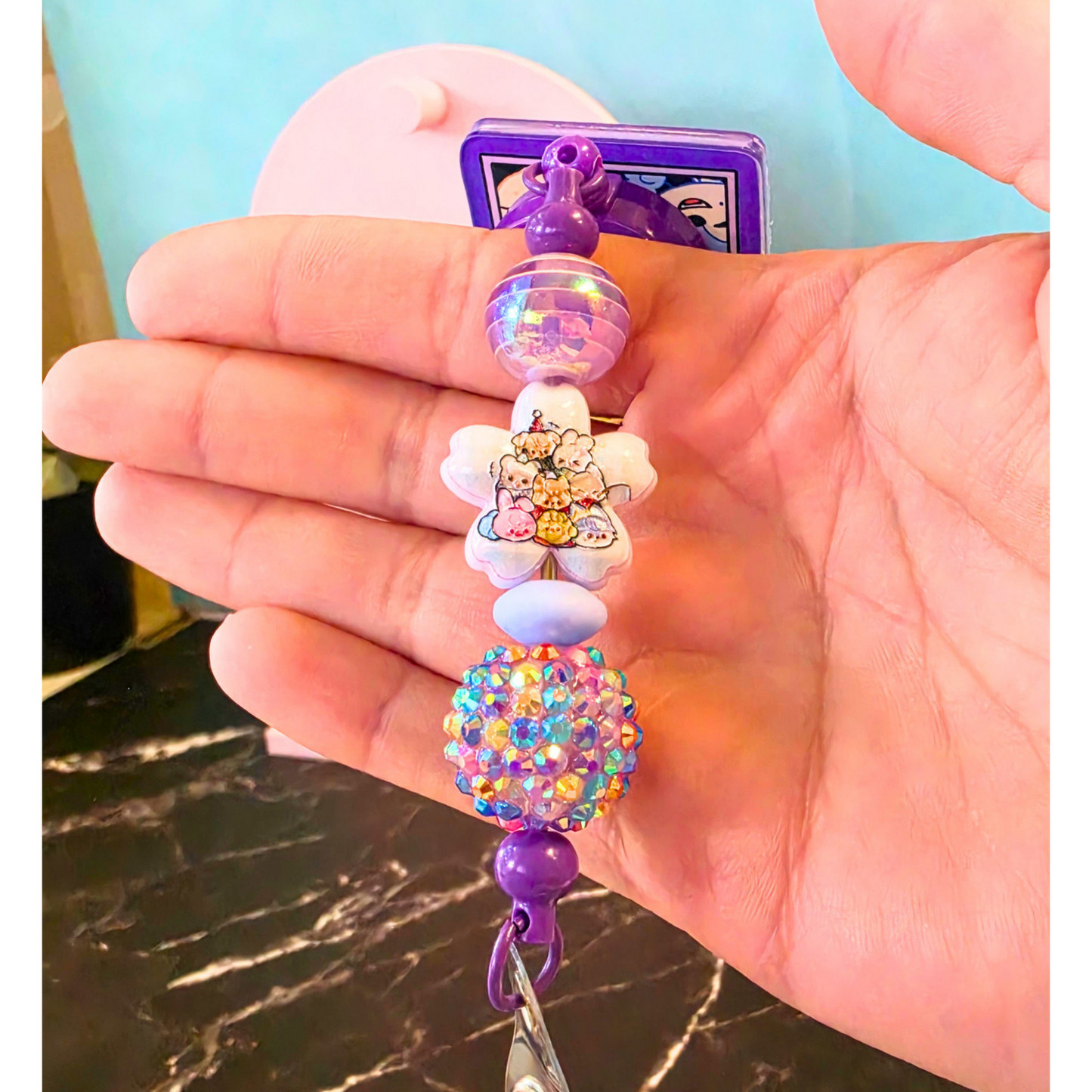Purple SKZOO Beaded Badge Reel with Shaker Acrylic Flatback | Stray Kids Inspired Kpop Badge Holder | Cute Kawaii Retractable ID Reel