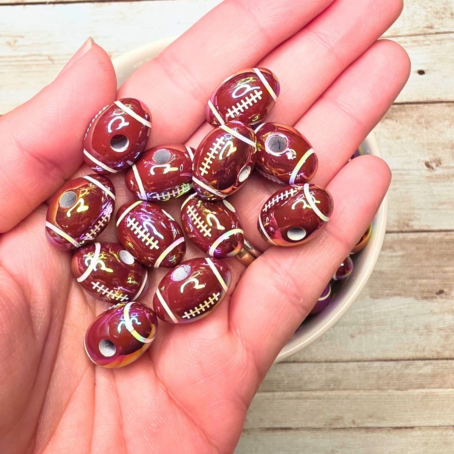 Set of 10 Football Beads – Maroon Iridescent Sports Beads for Beaded Pens, Keychains, Badge Reels & Game Day Crafts