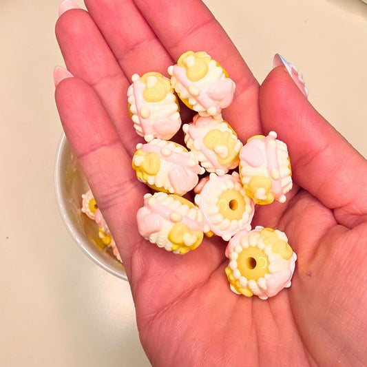 Pink & Yellow Handpainted Beads – Set of 10 | Pastel Floral & Bow Beads | Kawaii Chunky Beads for Pens, Keychains & DIY Crafts