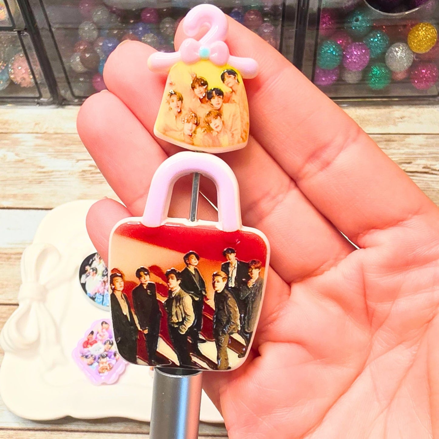 BTS Beads Set of 10 – K-Pop Acrylic Focal Beads, BTS Inspired Craft Beads, Kpop Jewelry Making Supplies, Pen & Keychain Beads