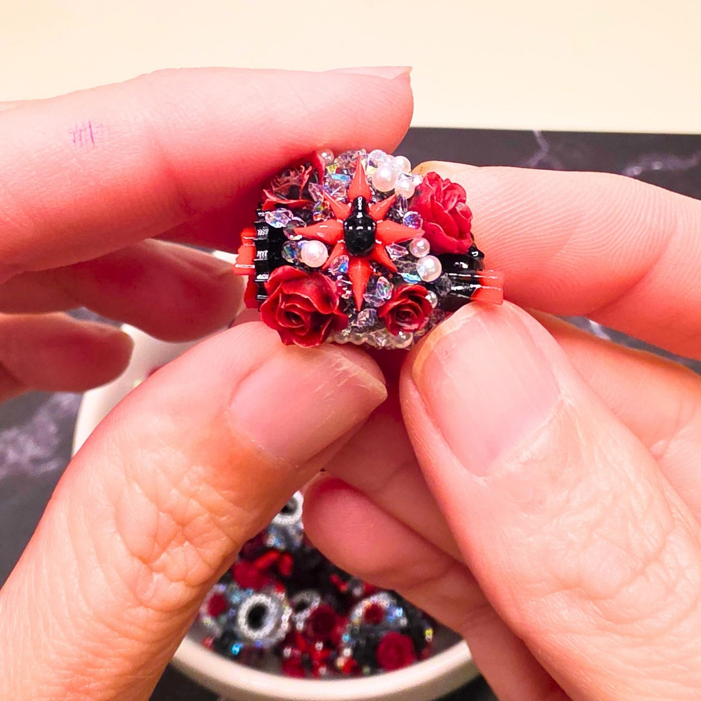 Gothic Rose Beads – Set of 5 | Dark Red & Black Floral Rhinestone Beads | Pearl Crystal Victorian Goth Beads | Luxury DIY Craft Supplies