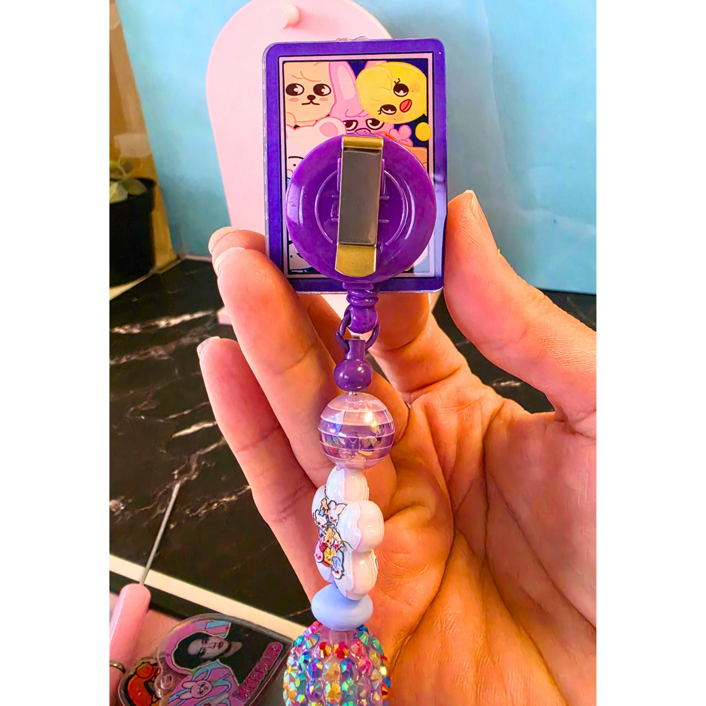 Purple SKZOO Beaded Badge Reel with Shaker Acrylic Flatback | Stray Kids Inspired Kpop Badge Holder | Cute Kawaii Retractable ID Reel